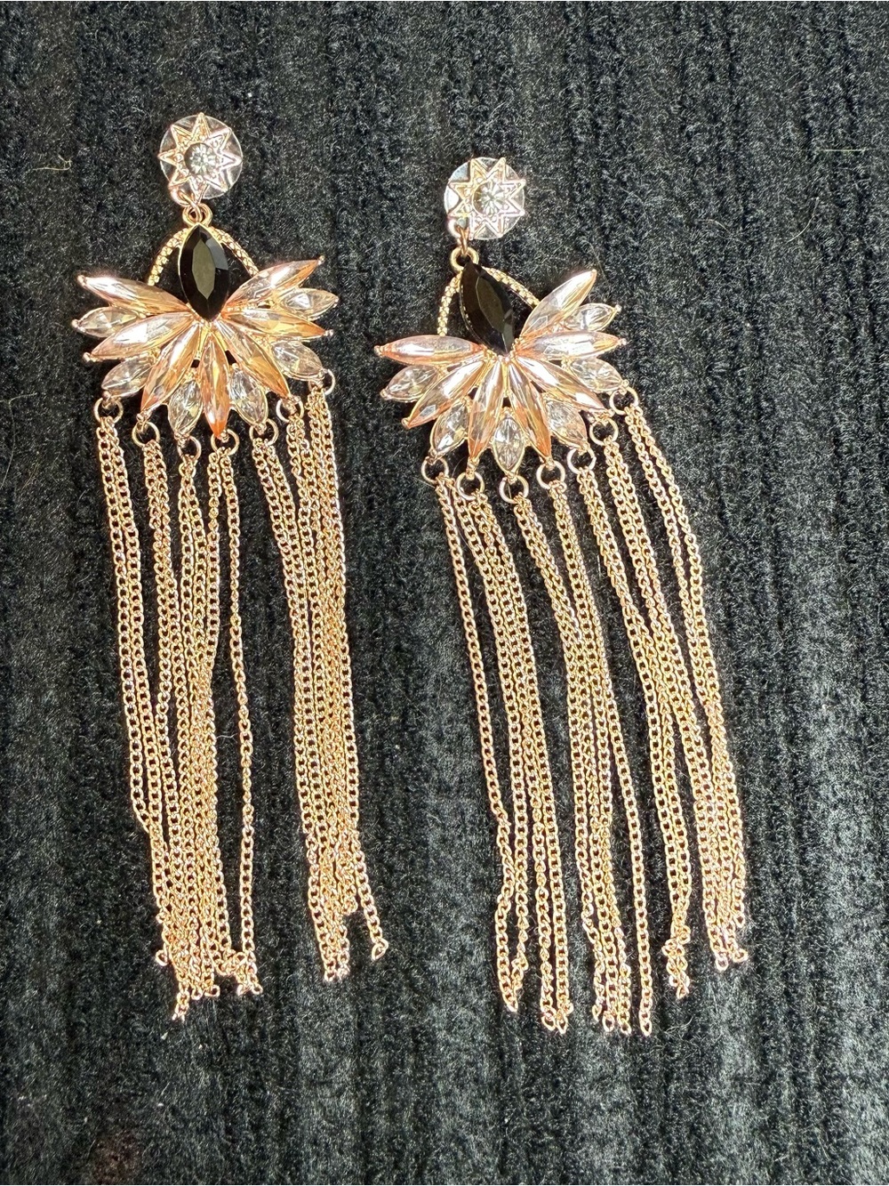 Rose Gold Fringe Drop Earrings with Black and Clear Crystals